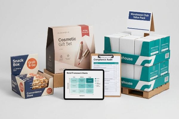 Retail displays: Snack Box, iCosmetic Cosmetic Gift Set, Warehouse Club Value Pack, with a Retail Framework Matrix tablet and Compliance Audit clipboard.