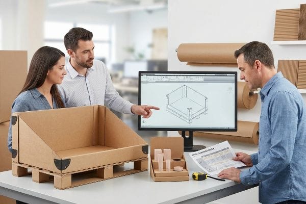Packaging designers review a CAD file of a corrugated display on screen, with a prototype and a Retail Framework Matrix.