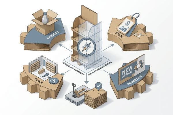 Corrugated diagram of 4 P's of Engagement: Product, Price, Place, Promotion, Retail Framework Matrix, Structural Alignment.