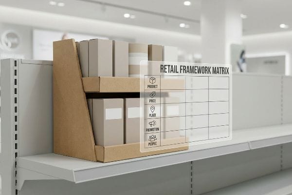 Cardboard display unit with beige boxes on a retail shelf, featuring a transparent Retail Framework Matrix outlining Product, Price, Place, Promotion, and People.