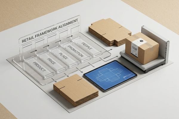 Retail Framework Packaging Alignment Retail Framework Alignment matrix (Product, Price, Place, Promotion, People), flat corrugated boxes, tablet blueprint, and 'Premium Product' box.