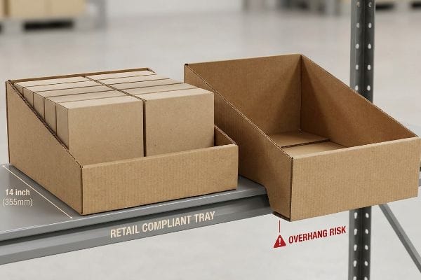 Corrugated cardboard display trays on a grey shelf: a 14-inch (355mm) Retail Compliant Tray versus an empty tray with an Overhang Risk.
