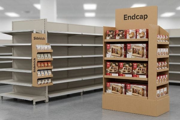 Sidekick Endcap Displays A retail store aisle displays a cardboard Sidekick unit with packaged snacks and an Endcap display with gift sets.