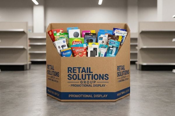 A retail store aisle showcases a Retail Solutions Group promotional dump bin display, brimming with diverse products for impulse purchases.