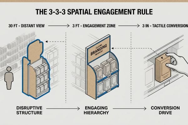 3-3-3 Spatial Engagement Rule An isometric illustration details The 3-3-3 Spatial Engagement Rule, showing a Disruptive Structure at 30 Ft, an Engaging Hierarchy at 3 Ft, and a hand performing Tactile Conversion at 3 In.