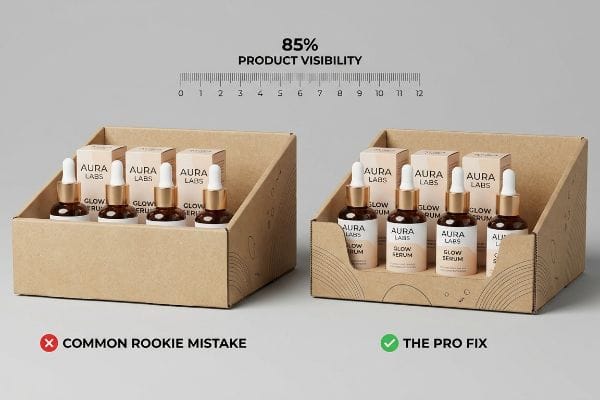 Kraft cardboard display contrasts Aura Labs Glow Serum bottles. Tall retaining lips (Common Rookie Mistake) obscure labels; low lips ensure 85% Product Visibility (The Pro Fix).