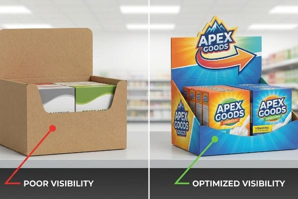 Plain corrugated display with high lips, poor product visibility. Apex Goods POP display with die-cut header, optimized visibility.