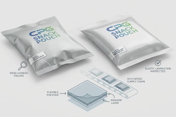Two CPG Snack Pouches illustrate rigid varnish fractures versus elastic lamination protection, detailing flexible polymer and barrier layers for high-speed supply chains.