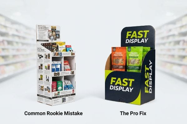 A tall, multi-shelf corrugated retail display, labeled "Common Rookie Mistake", is cluttered with various small products and tiny text.