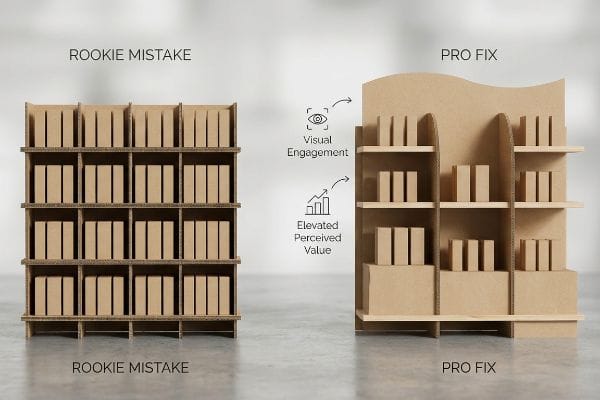 Rookie Mistake Pro Fix Cardboard retail display comparison: Rookie Mistake grid-packed shelves versus Pro Fix modular asymmetrical dividers, enhancing Visual Engagement and Elevated Perceived Value.