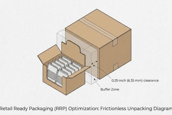 A brown Retail Ready Packaging (RRP) display box with products, showing 0.25-inch (6.35 mm) clearance and Buffer Zone for frictionless unpacking from its shipping carton.