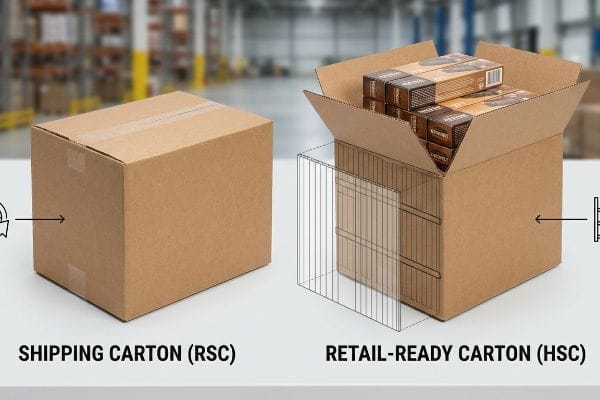 Carton Types Comparison Brown corrugated cardboard boxes: a closed Shipping Carton (RSC) next to an open Retail-Ready Carton (HSC) with products and a wireframe.