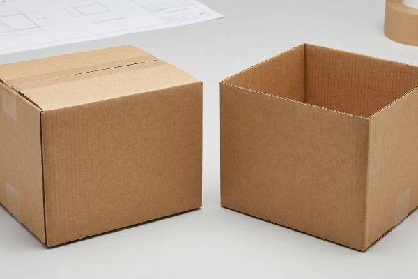 Brown corrugated cardboard boxes, one closed regular slotted container, and one open half slotted container for packaging.