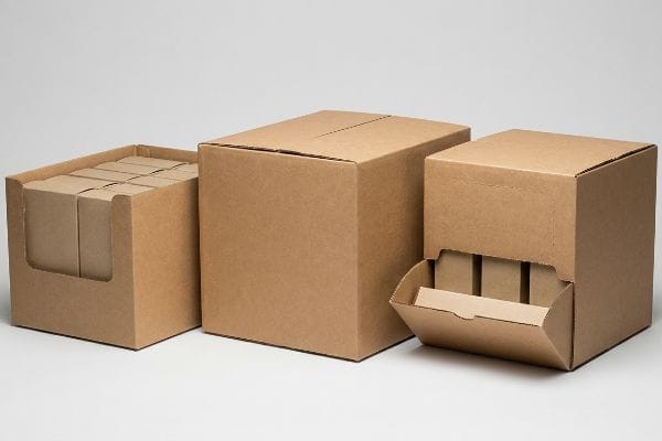 Brown corrugated cardboard boxes, including an RSC, an HSC display box, and a tear-away merchandiser with internal products.