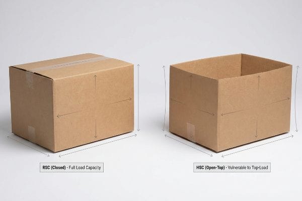 Rsc (Closed) box, full load capacity, and Hsc (Open-Top) box, vulnerable to top-load, with dimension arrows.