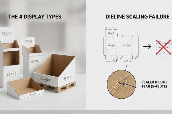 White corrugated cardboard displays, including floor, counter, and pallet types, alongside a dieline illustrating a B-flute tear from scaling failure.