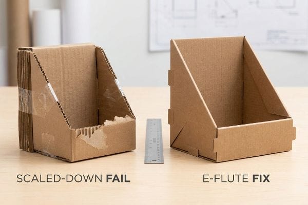Scaled-Down Fail E-Flute Brown corrugated cardboard display units illustrate a "Scaled-Down Fail" with tape and torn edges versus a clean "E-Flute Fix" using E-flute substrate.