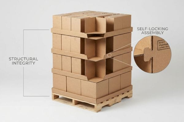 Brown corrugated cardboard boxes stacked on a pallet, showcasing a self-locking assembly system made from 32 ECT Virgin Kraft for structural integrity.