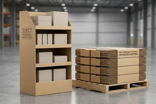 Optimized Shipping Corrugated Display 32ECT Double-Wall Corrugated display stand holding boxes, alongside a pallet of Semi-Permanent Flat-Pack Optimized Shipping units.