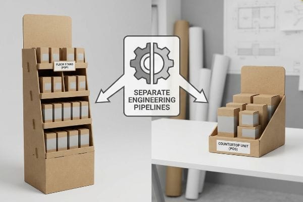 Separate Display Engineering Pipelines Brown corrugated cardboard floor stand (POP) and countertop unit (POS) displays, each filled with small product boxes, visually separated by a graphic illustrating 'Separate Engineering Pipelines' with a gear icon.