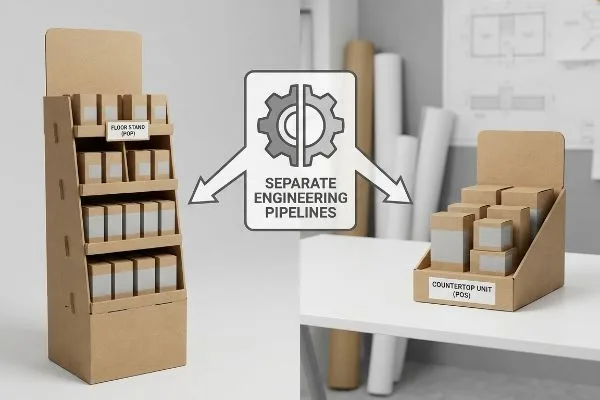 Pipelines de ingeniería de visualización separada Expositores de suelo (POP) y de mostrador (POS) de cartón corrugado marrón, cada uno lleno de pequeñas cajas de productos, separadas visualmente por un gráfico que ilustra "Canales de ingeniería separados" con un icono de engranaje.