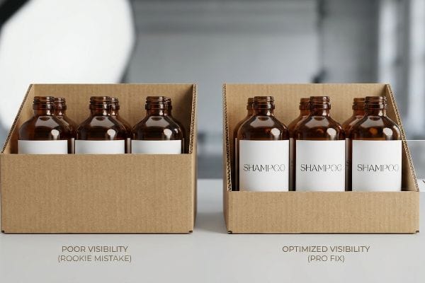 Shampoo Bottle Visibility Comparison Brown corrugated cardboard trays show shampoo bottles, comparing Poor Visibility (Rookie Mistake) to Optimized Visibility (Pro Fix).