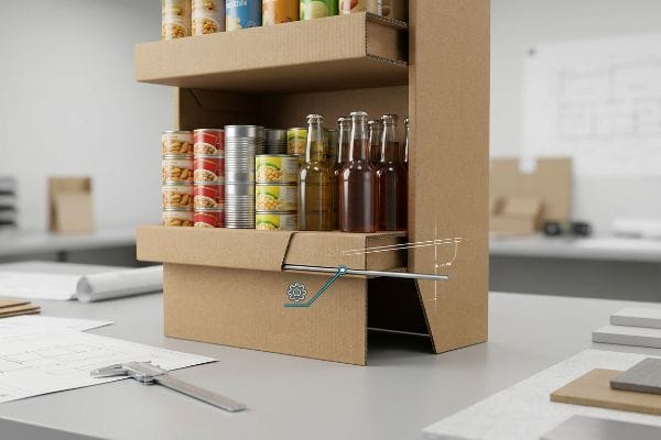 Shelf Steel Tube Support Corrugated cardboard display with canned goods, bottles, and a hidden steel tube reinforcement, with a caliper on engineering blueprints.