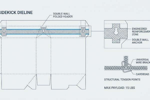 Sidekick Dieline Engineering Diagram A technical diagram shows the Sidekick Dieline's Double-Wall Folded Header, Engineered Reinforcement Zone, and Universal Wire Bracket on Cardboard, supporting a Max Payload of 15 LBS.