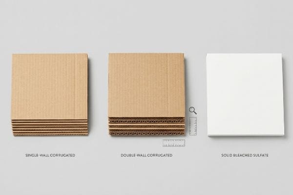 Three distinct cardboard types: stacked Single-Wall Corrugated, Double-Wall Corrugated with visible flutes, and a Solid Bleached Sulfate sheet, illustrating various board grades.
