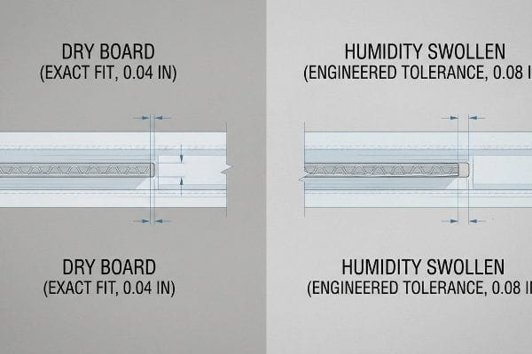 Technical diagram comparing Dry Board (0.04 In) exact fit to Humidity Swollen (0.08 In) engineered tolerance in corrugated slots.