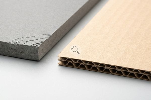 Grey solid chipboard with a rough edge compared to light brown E-flute corrugated board, showcasing distinct material structures.