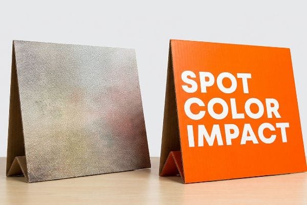 Spot Color Impact Comparison Two A-frame retail table tents, one with muted CMYK halftone print, the other a vibrant orange with 'Spot Color Impact' in white, demonstrating high-contrast spot color.
