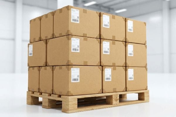 A bright warehouse setting features a wooden pallet stacked with twelve brown corrugated cardboard shipping boxes, each bearing a white label with barcodes.