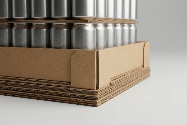 Brown corrugated cardboard packaging for bulk canned beverages, showcasing the multi-layered structural reinforcement.
