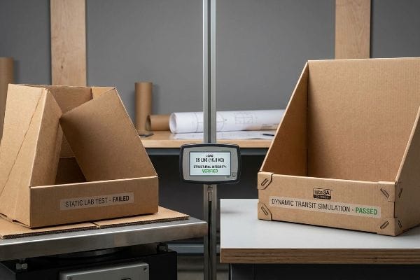 Packaging Test Results Verified Brown cardboard boxes, one 'Static Lab Test - Failed' and the other 'Ista 3A Dynamic Transit Simulation - Passed', with a display showing '35 Lbs (15.8 Kg)' and 'Structural Integrity: Verified'.