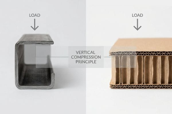 Vertical Compression Principle Steel C-channel and corrugated cardboard illustrate the Vertical Compression Principle under Load, showcasing structural strength.