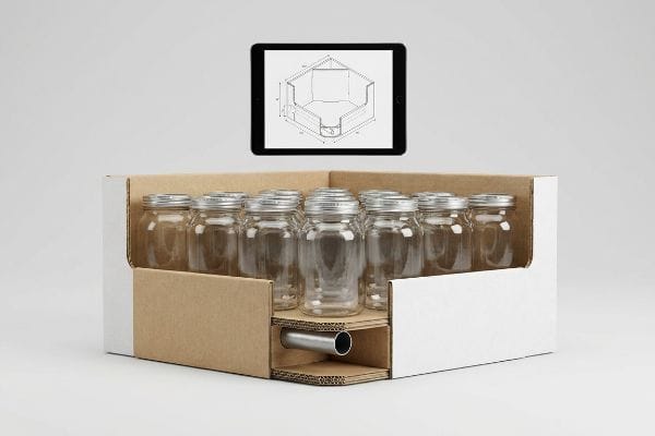 Corrugated retail endcap display with 12 glass jars, featuring a hidden rigid steel support tube for heavy loads, and a tablet showing a structural dieline.