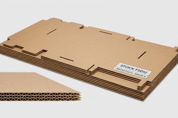 Flat-packed brown corrugated cardboard sheets for a Stock FSDU, featuring Micro-Flute Grade B material, with an inset showing the multi-layered fluting.
