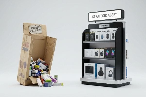 POP Display Investment Contrasting 'Lowest Unit Price' bag with a 'Strategic Asset' POP display of electronics.