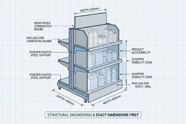An engineered blueprint of a retail endcap display shows Reinforced Corrugated Board, Powder-Coated Steel Support, 600mm width, 450mm depth, and 50kg Payload Per Shelf, emphasizing Structural Engineering & Exact Dimensions First.