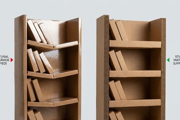 Cardboard Structural Integrity Comparison Corrugated cardboard display shows Warped Structural Grade (Downgraded) shelves versus sturdy Structural Material (Upgraded) integrity.