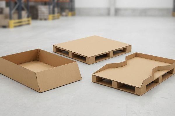 Structural Pallet Displays A warehouse floor displays three corrugated cardboard structural pallet display types: flat, trapezoidal, and custom configurations.