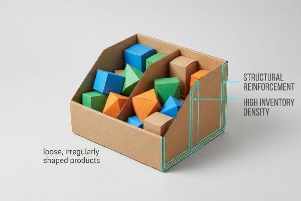 Brown cardboard display bin for loose products, showing Structural Reinforcement and High Inventory Density.