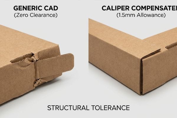 Structural Tolerance Comparison Brown corrugated box sections show structural tolerance. Generic Cad (Zero Clearance) buckles, while Caliper Compensated (1.5mm Allowance) fits cleanly.