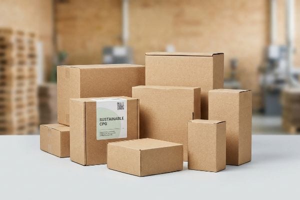 A collection of eco-friendly corrugated cardboard boxes, one prominently displaying a 'Sustainable CPG' label and QR code.