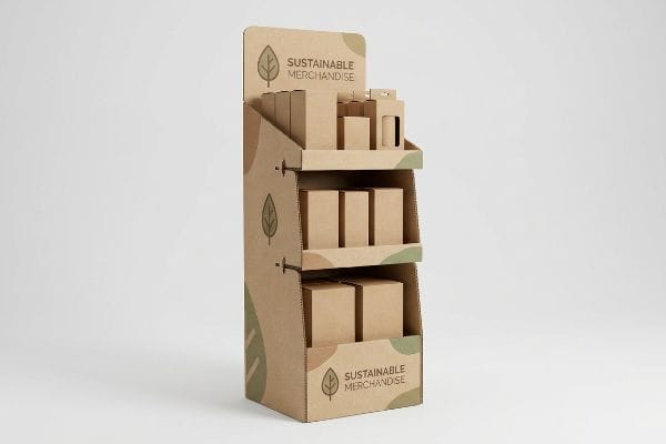 Kraft paperboard corrugated retail display with "Sustainable Merchandise" text and leaf logos, showcasing eco-friendly product boxes.