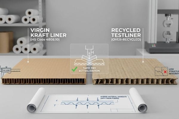 Smooth Virgin Kraft Liner (HS Code 4808.10) at 160 GSM next to damaged Recycled Testliner with low structural integrity, highlighting TAPPI T811 ECT validation and a hybrid material mandate.