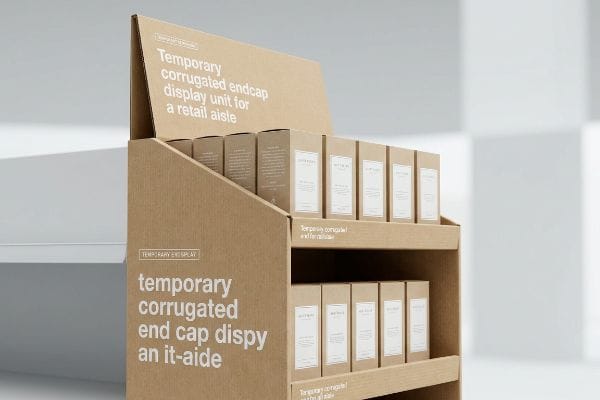 A temporary corrugated endcap display unit for a retail aisle, displaying light brown boxes. Text: "Temporary Endcap Display".