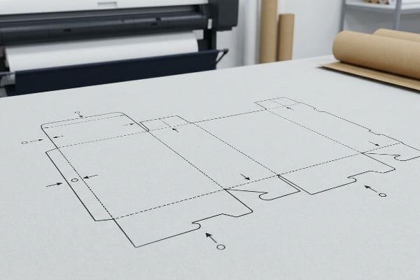 An unfolded dieline for a temporary POP display box, showing cut and fold lines, with a printer and kraft paper.