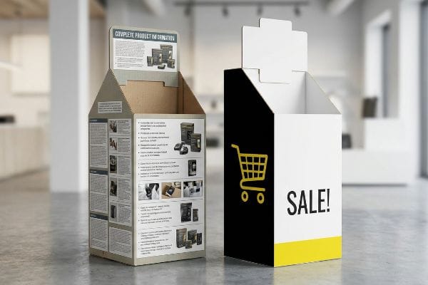 Retail Sales Displays Natural brown corrugated display with 'Complete Product Information' beside a high-contrast black and white 'Sale!' floor display.